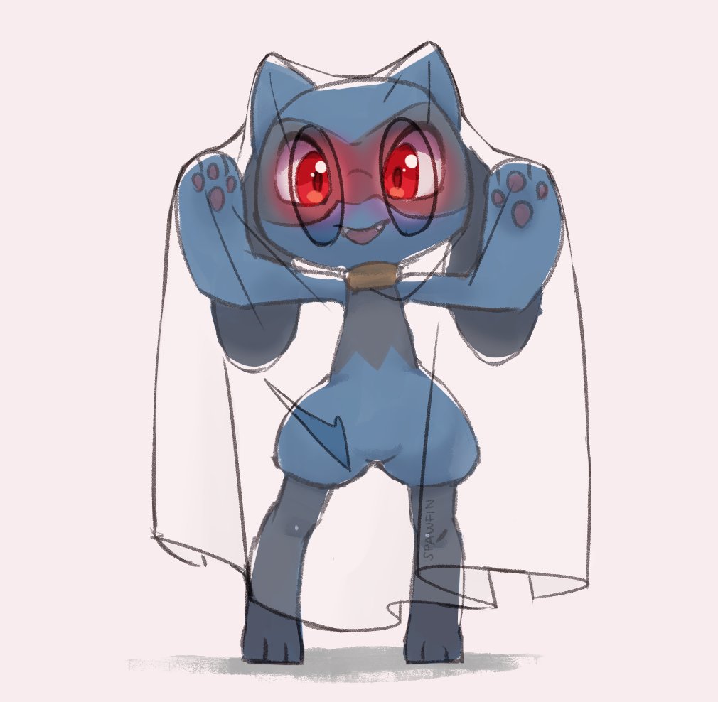 anthro canid canine clothing costume cute_fangs ghost_costume mammal nintendo pawpads pok&eacute;mon pok&eacute;mon_(species) red_eyes riolu semi-anthro solo spawfin translucent translucent_clothing video_games