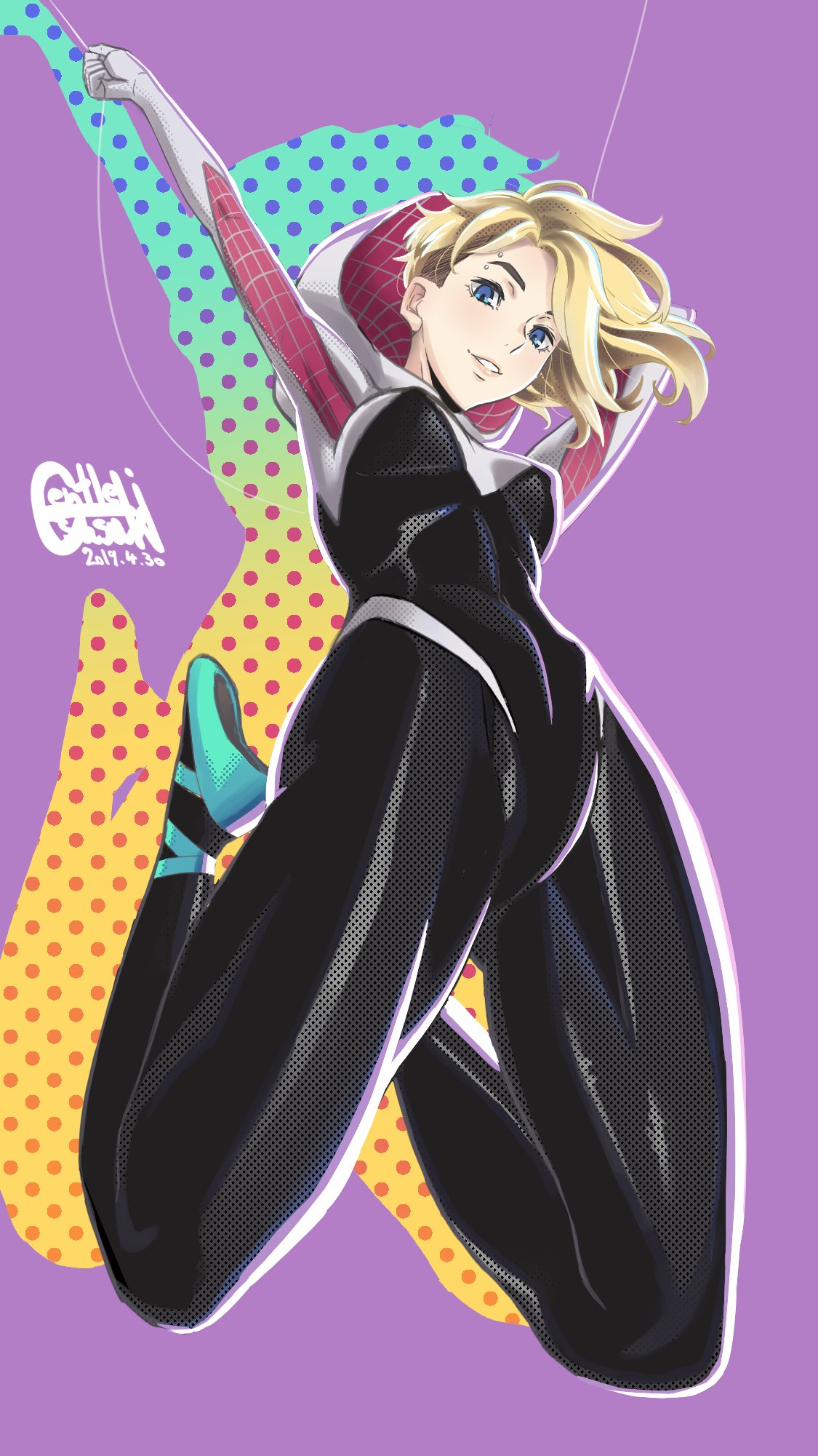 1girl arms_up blonde_hair blue_eyes bodysuit breasts dated eyebrow_piercing full_body gentle_sasaki gwen_stacy highres hood marvel medium_breasts piercing polka_dot signature smile solo spider-gwen spider-man:_into_the_spider-verse spider-man_(series) superhero webbing