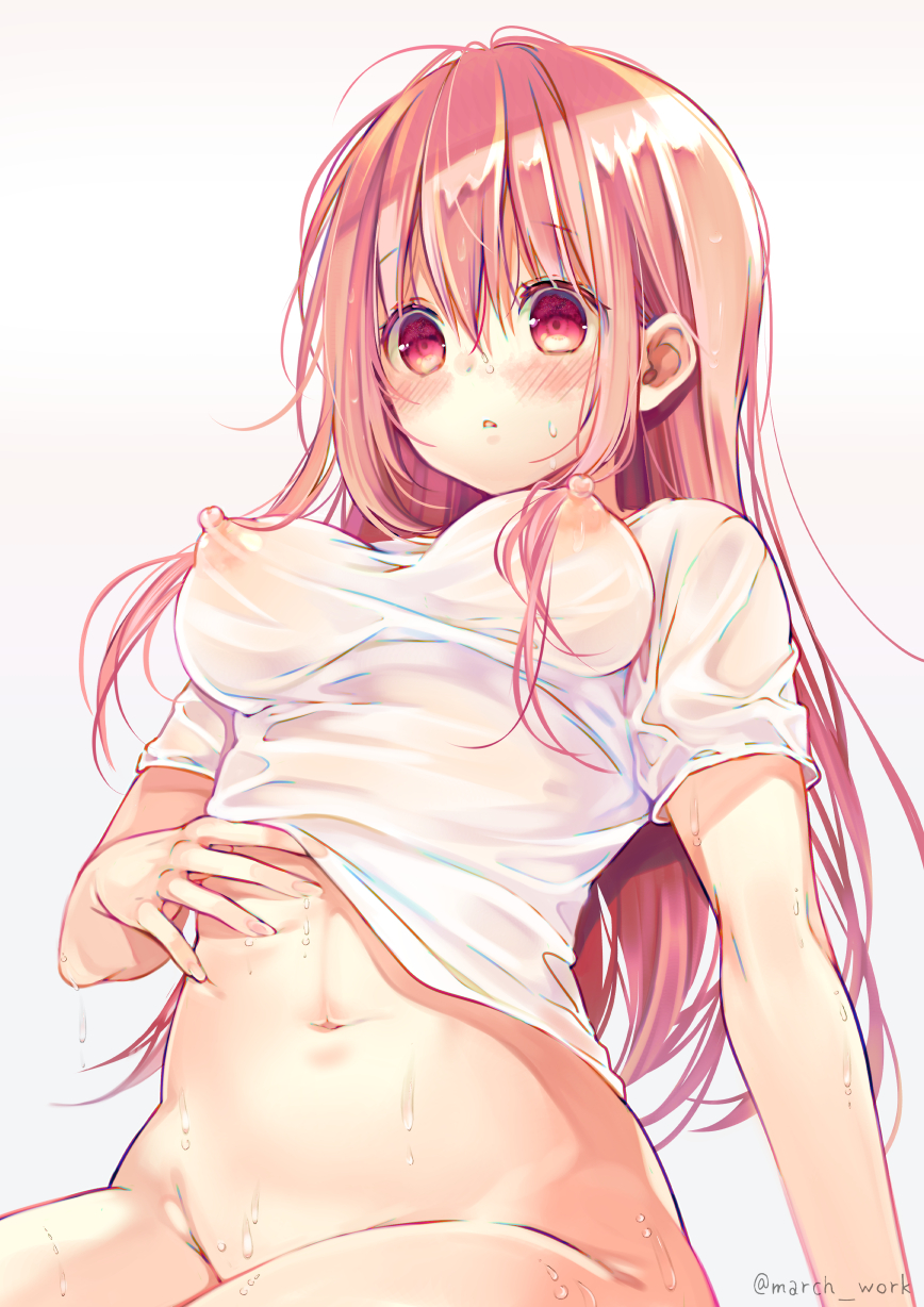 1girl belly bottomless breasts covered_nipples hair_between_eyes highres hinako_note lifted_by_self long_hair march-bunny navel perky_breasts red_eyes red_hair sakuragi_hinako see-through shirt simple_background solo stomach wet wet_clothes wet_shirt white_background