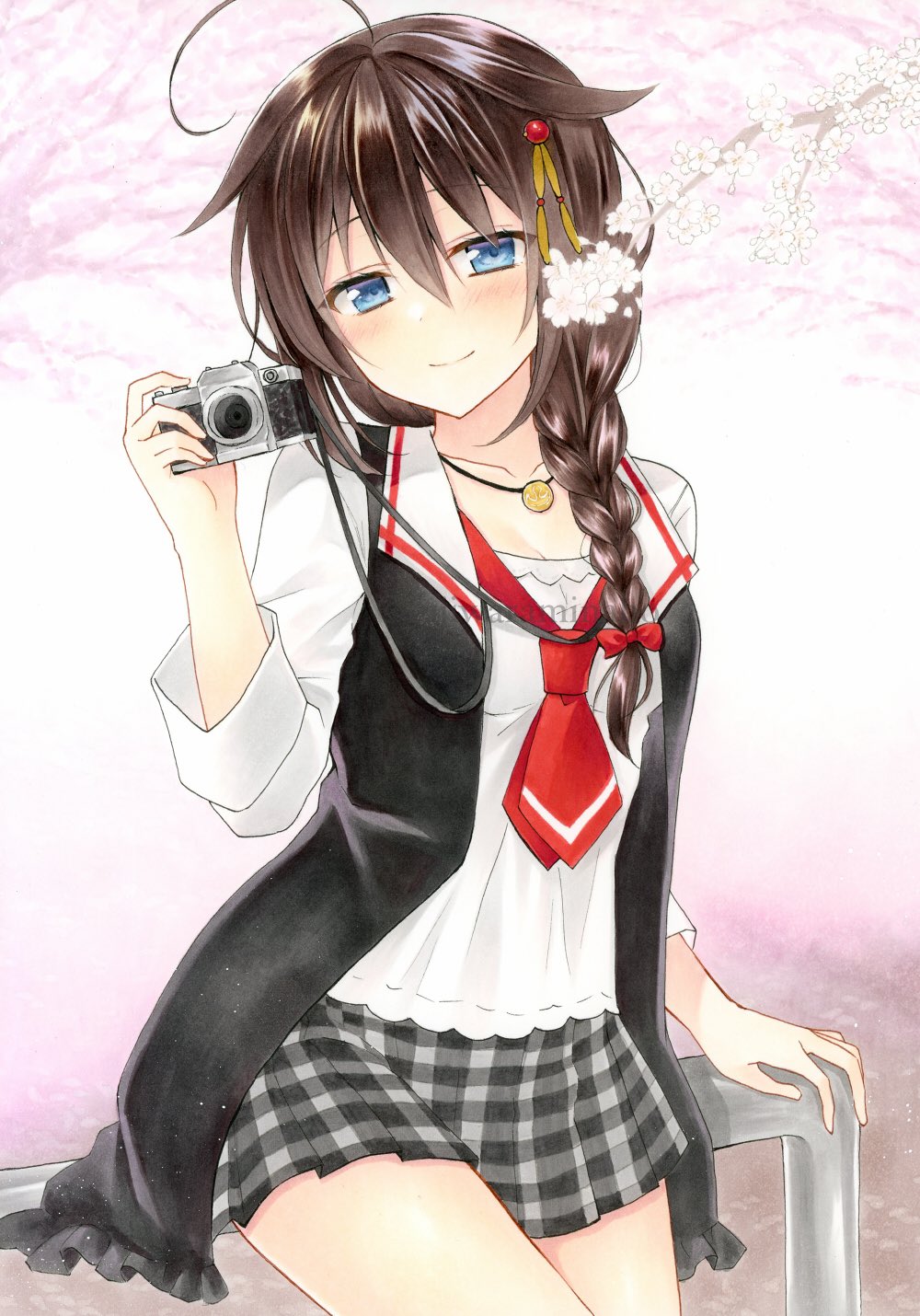 1girl ahoge blue_eyes blush braid brown_hair camera cherry_blossoms fujiwara_minaho hair_between_eyes hair_flaps hair_ornament hair_over_shoulder highres holding holding_camera kantai_collection looking_at_viewer necktie official_alternate_costume plaid plaid_skirt red_neckwear remodel_(kantai_collection) shigure_(kancolle) single_braid skirt smile solo watermark