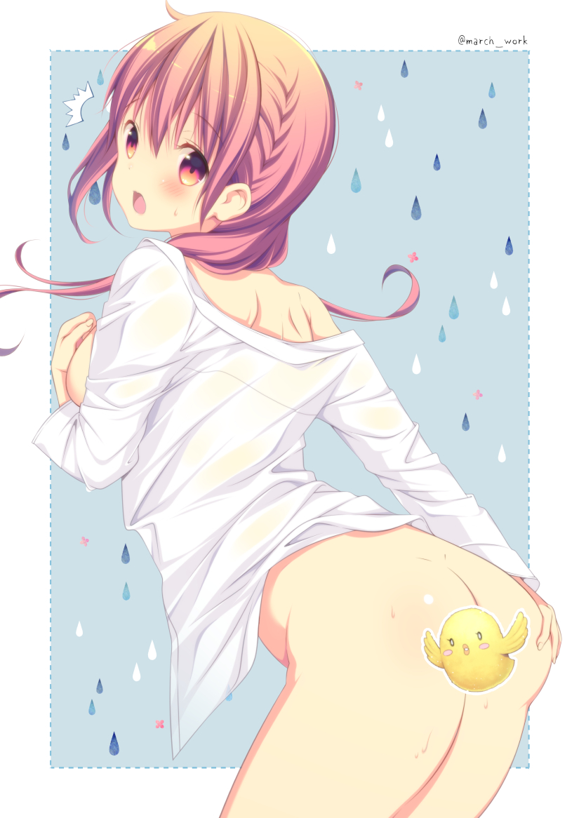 ass ass_grab bird blush bottomless braid breasts breasts_outside censored covering covering_breasts grabbing_own_ass hinako_note march-bunny pink_hair rain sakuragi_hinako shirt surprised twintails water_drop wet wet_clothes wet_shirt