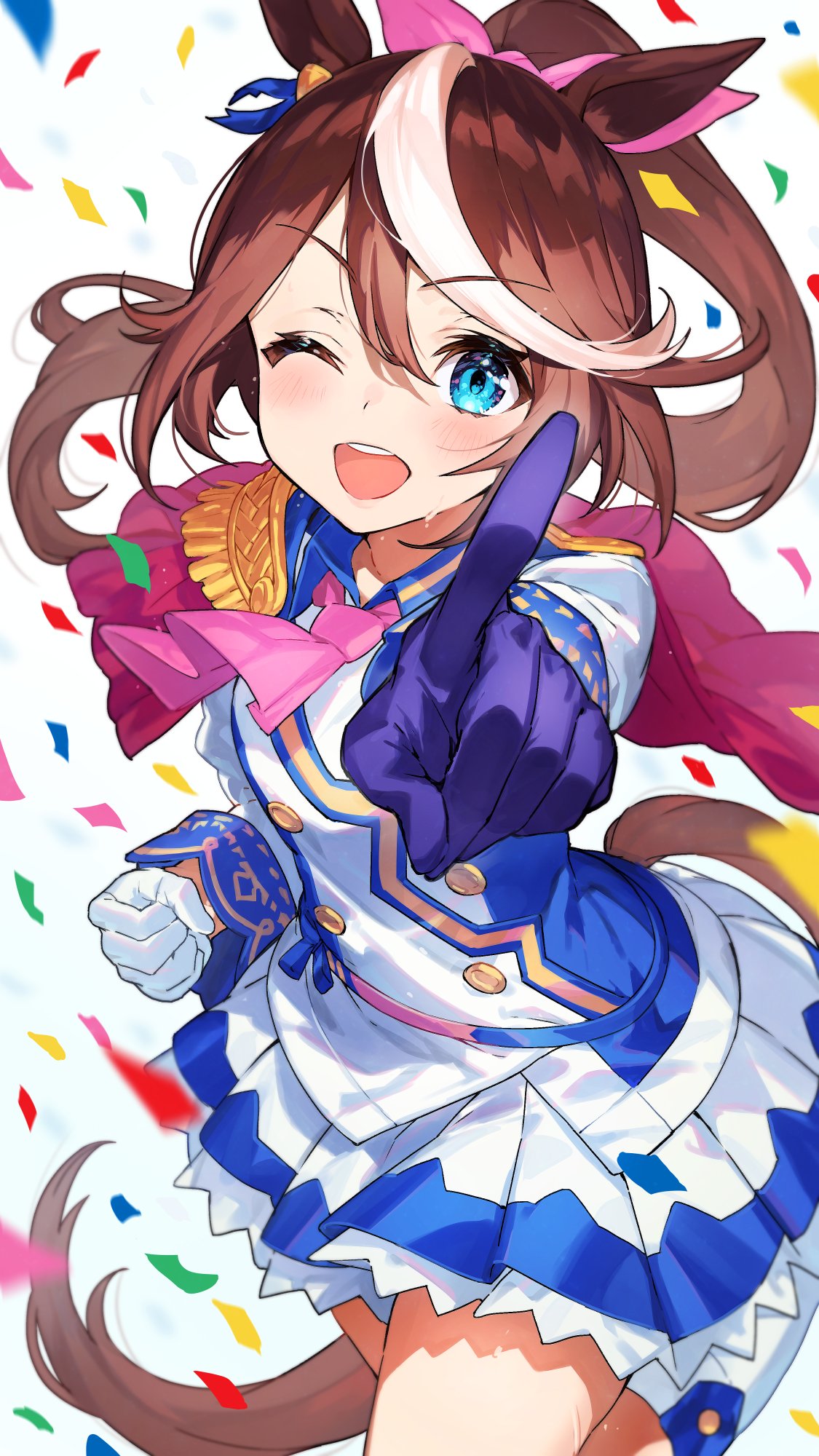 1girl ;d animal_ears blue_eyes brown_hair commentary_request epaulettes gloves hair_between_eyes hair_ribbon highres horse_ears horse_girl horse_tail long_hair looking_at_viewer mika_pikazo mismatched_gloves multicolored_hair one_eye_closed open_mouth pink_ribbon purple_gloves ribbon skirt smile streaked_hair tail thighs tokai_teio umamusume white_gloves white_hair