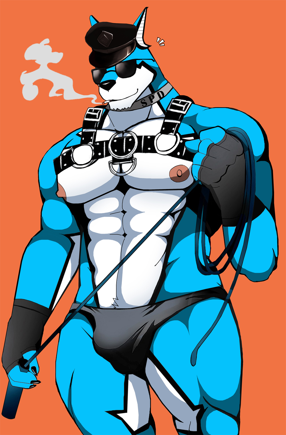 2021 abs alien anthro bearlovestiger13 biceps black_clothing black_markings black_underwear blue_body blue_fur bulge canid canine cigarette clothing collar doggie_kruger eyewear fingerless_gloves fur gloves handwear harness hat headgear headwear hi_res leather leather_daddy leather_harness male mammal markings mature_male multicolored_body multicolored_fur muscular muscular_anthro muscular_male nipples orange_background pecs power_rangers power_rangers_spd simple_background smoking smoking_tobacco solo story_at_source sunglasses thick_thighs thong two_tone_body two_tone_fur underwear whip white_body white_fur