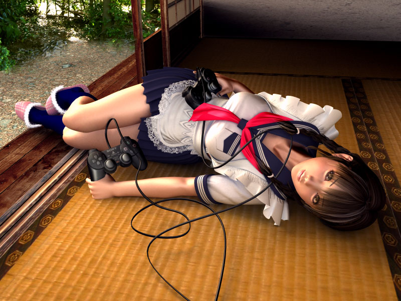 3d cocoa_(character) game_console incise_soul legs lips m-rs maid playing_games playstation_2 pleated_skirt school_uniform skirt solo video_game