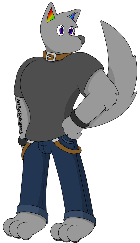 2018 alpha_channel anthro barefoot belt bracelet bulge canine clothed clothing collar digital_media_(artwork) english_text fur hair hi_res jewelry male mammal muscular muscular_male notkastar pose rainbow signature simple_background solo text wolf zatch_(character)