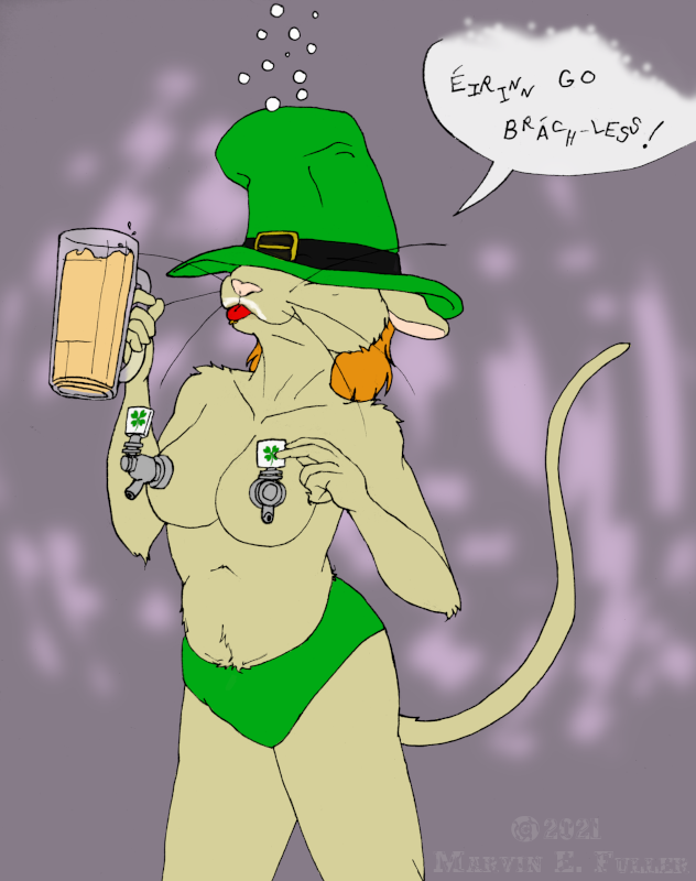 2021 alcohol anthro beer beer_mug beer_tap beverage breasts clothing cybercorn_entropic dialogue drunk female fur hair hat hat_over_eyes headgear headwear holidays humor irish_text mammal mouse murid murine pun purple_background red_hair rodent shamrock simple_background solo st._patrick's_day substance_intoxication tan_body tan_fur text tongue tongue_out whiskers