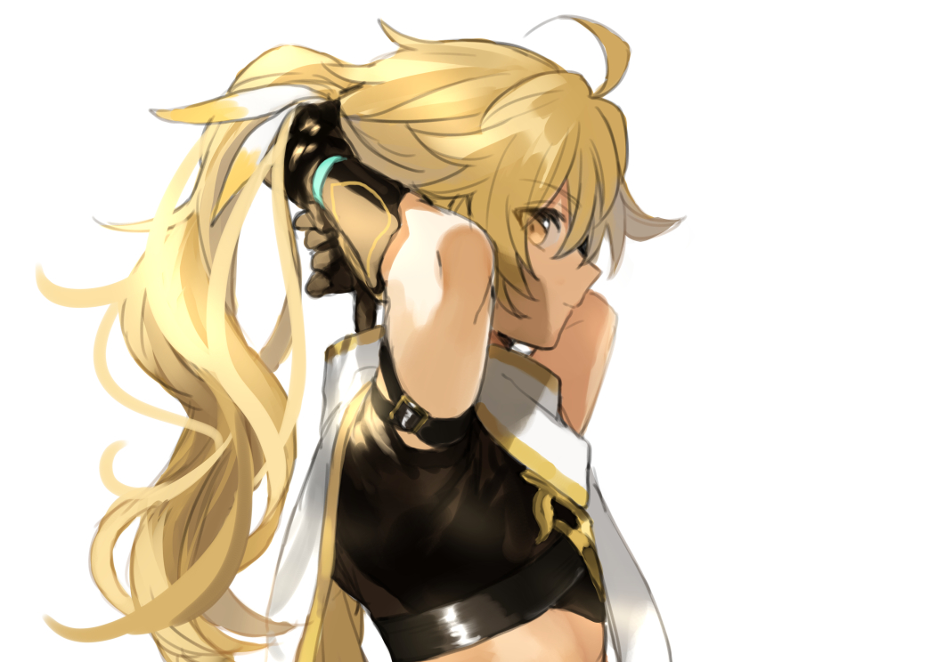 1boy adjusting_hair aether_(genshin_impact) ahoge alternate_hairstyle arms_up bangs black_gloves blonde_hair cape closed_mouth eyebrows_visible_through_hair from_side genshin_impact gloves hair_between_eyes long_hair maka_(morphine) male_focus ponytail profile short_sleeves simple_background solo white_background white_cape