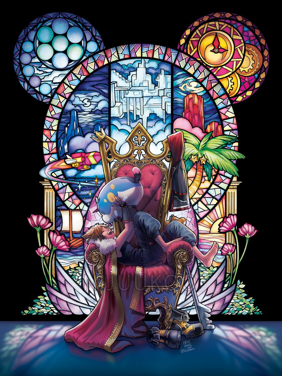 1boy artist_name barefoot brown_hair cape closed_eyes fingerless_gloves fur_collar gloves highres hood hoodie hoodie_removed kingdom_hearts kingdom_hearts_iii lying nijuuni on_back open_mouth red_cape shoes_removed smile sora_(kingdom_hearts) spiked_hair stained_glass tank_top throne wondernyan_(kingdom_hearts)