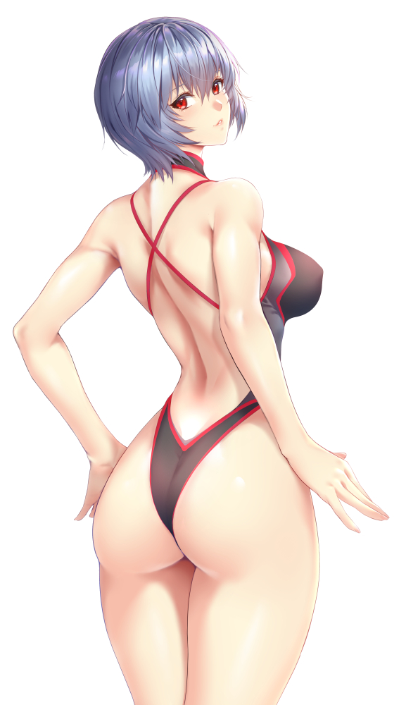 1girl alternate_breast_size ass ayanami_rei bangs bare_arms bare_shoulders black_swimsuit blue_hair blush breasts commentary competition_swimsuit covered_nipples eyebrows_visible_through_hair from_behind halterneck highleg highleg_swimsuit lips looking_at_viewer looking_back medium_breasts neon_genesis_evangelion one-piece_swimsuit parted_lips rebuild_of_evangelion red_eyes shiny shiny_hair shiny_skin short_hair simple_background solo swimsuit thighs white_background zucchini