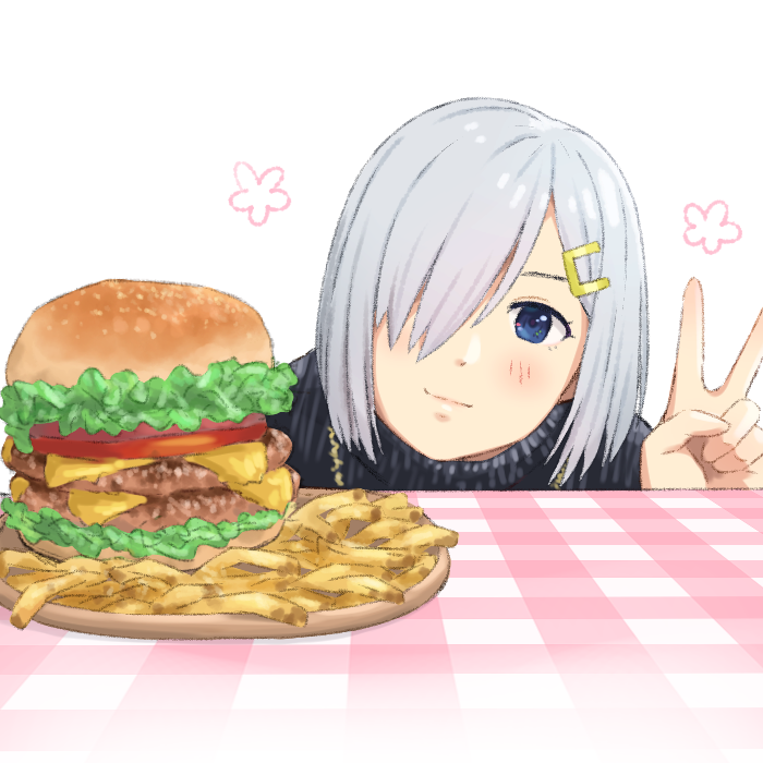 1girl alternate_costume black_sweater blue_eyes commentary food french_fries hair_ornament hair_over_one_eye hairclip hamakaze_(kancolle) hamatsu! hamburger kantai_collection looking_at_viewer short_hair silver_hair simple_background smile solo sweater table upper_body v white_background