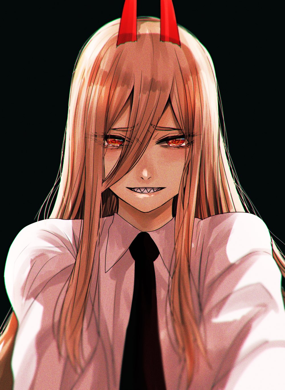 +_+ 1girl black_background black_neckwear blonde_hair blurry chainsaw_man collared_shirt commentary demon_horns depth_of_field eyebrows_visible_through_hair eyelashes eyes_visible_through_hair furrowed_eyebrows grin hair_between_eyes half-closed_eyes highres horns hoshi_san_3 long_hair looking_at_viewer necktie power_(chainsaw_man) red_eyes sad_smile sharp_teeth shirt simple_background smile solo straight_hair tearing_up tears teeth upper_body white_shirt wing_collar