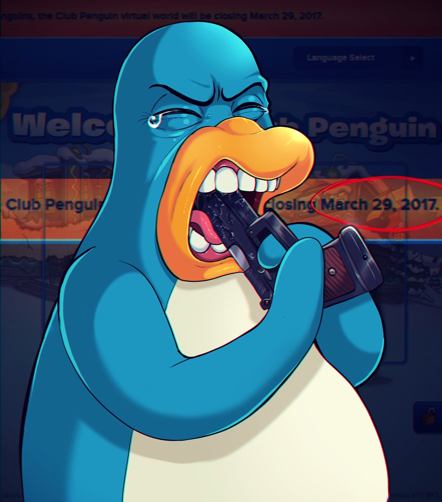 2017 anthro avian beak bird blue_body blue_feathers bodily_fluids club_penguin detailed_background english_text feathers gun gun_in_mouth male multicolored_body penguin ranged_weapon saliva shadman solo suicide tears teeth_showing text toothed_beak two_tone_body weapon white_body white_feathers