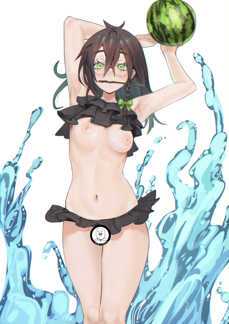 1girl armpits arms_up bangs bikini bow braid breasts brown_hair censored character_request feet_out_of_frame food frills fruit green_bow green_eyes hair_between_eyes hair_bow hair_ribbon highres holding holding_food holding_fruit masuo medium_breasts medium_hair nipple_slip nipples novelty_censor ribbon side_braid simple_background single_braid solo swimsuit tress_ribbon wardrobe_malfunction watermelon white_background