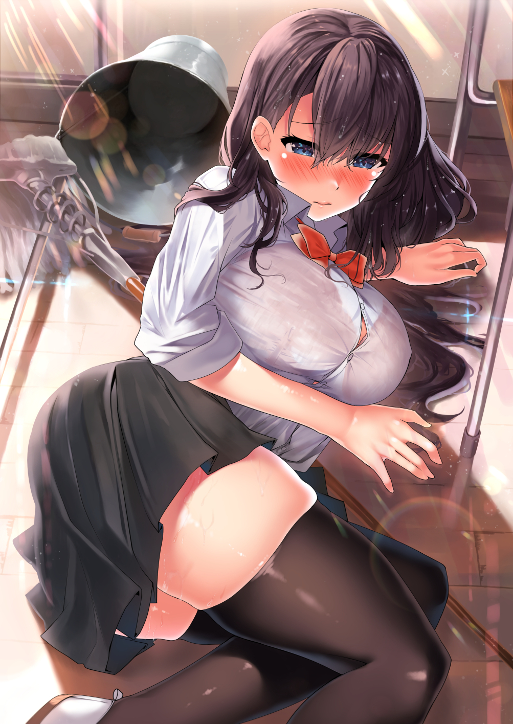1girl 3: ass black_hair black_legwear black_skirt blue_eyes blush bra breasts buckle closed_mouth collared_shirt commentary_request embarrassed fallen_down feet_out_of_frame highres indoors kawai large_breasts lens_flare long_hair looking_away looking_to_the_side lying miniskirt mob nose_blush on_floor on_side original pleated_skirt see-through shirt skindentation skirt sleeves_pushed_up solo sparkle sunlight thighhighs thighs underwear wet wet_clothes wet_shirt white_shirt wooden_floor zettai_ryouiki