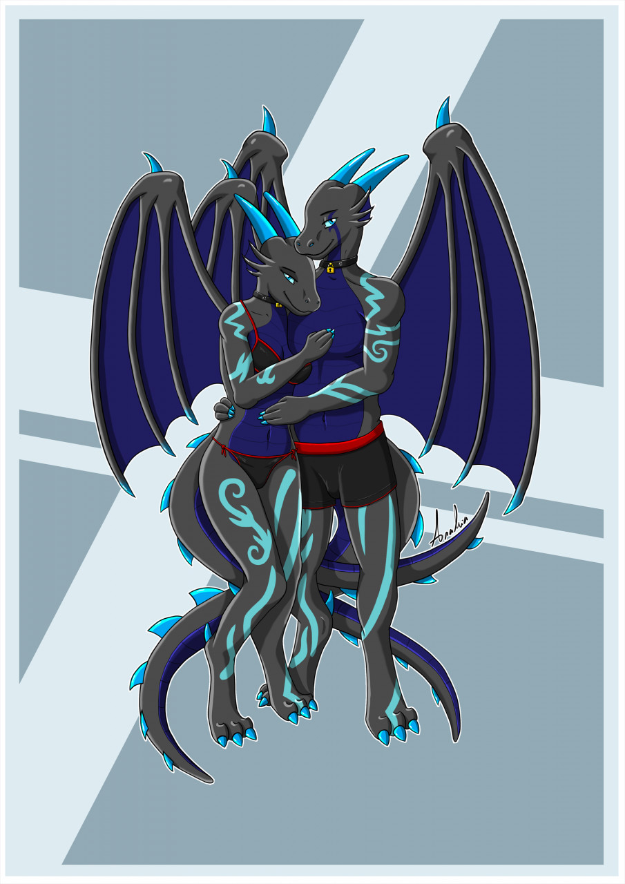 anthro arahia bikini blue_eyes blue_wings boxers_(clothing) claws clothing collar cuddling dragon duo ear_fins female fin hi_res horn hug looking_at_viewer male male/female markings navel pinup pose spiked_tail spikes spikes_(anatomy) spread_wings swimwear underwear wings zeta