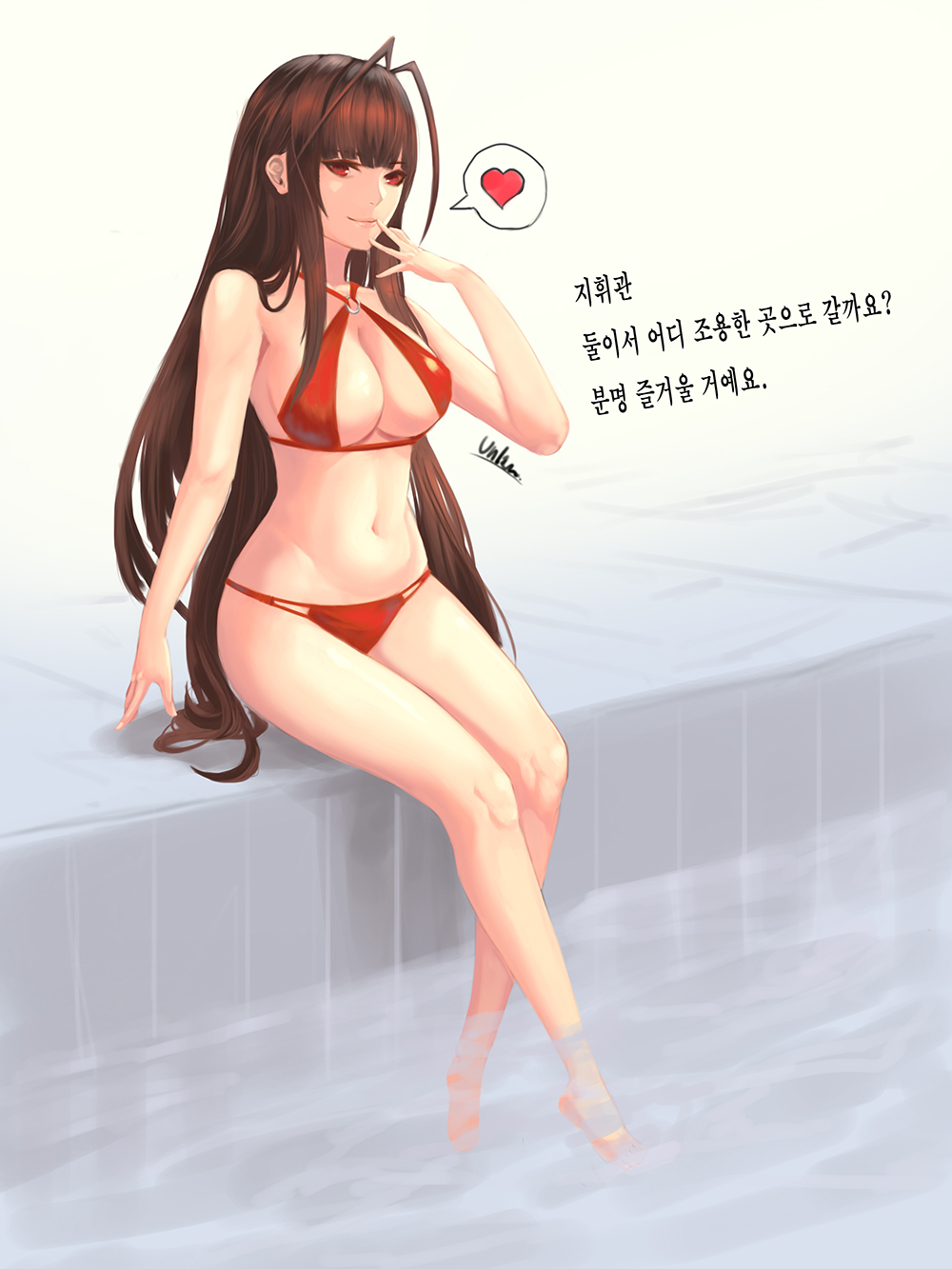 1girl artist_name bare_legs bikini bikini_top breasts brown_hair cleavage closed_mouth dsr-50_(girls_frontline) eyebrows_visible_through_hair finger_to_mouth girls_frontline hand_on_floor heart heart_print highres large_breasts legs long_hair looking_at_viewer navel pool red_bikini red_eyes simple_background sitting sitting_on_floor smile solo stomach swimsuit thighs translation_request un_lim water