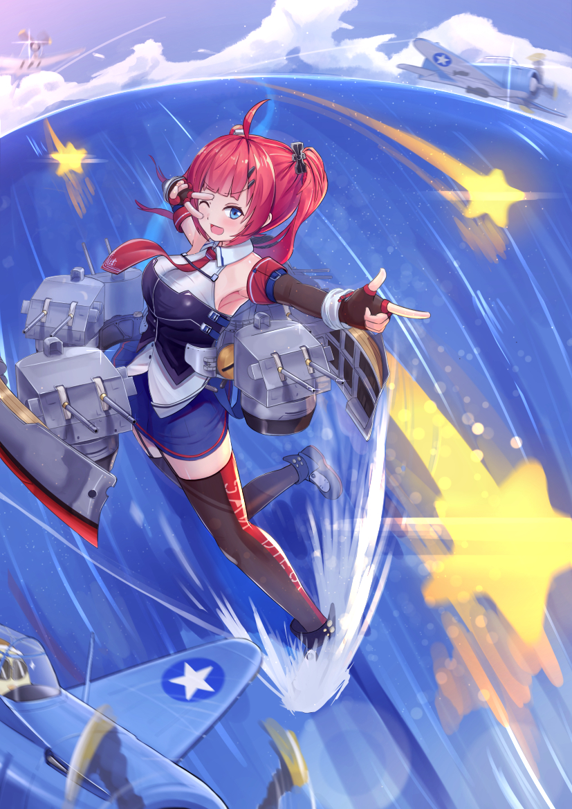 1girl ahoge aircraft airplane azur_lane bare_shoulders blue_eyes breasts detached_sleeves eyebrows_visible_through_hair gloves kyuuri_no_tsukemono large_breasts long_hair necktie open_mouth red_hair retrofit_(azur_lane) san_diego_(azur_lane) skirt smile solo star_(symbol) thighhighs twintails water