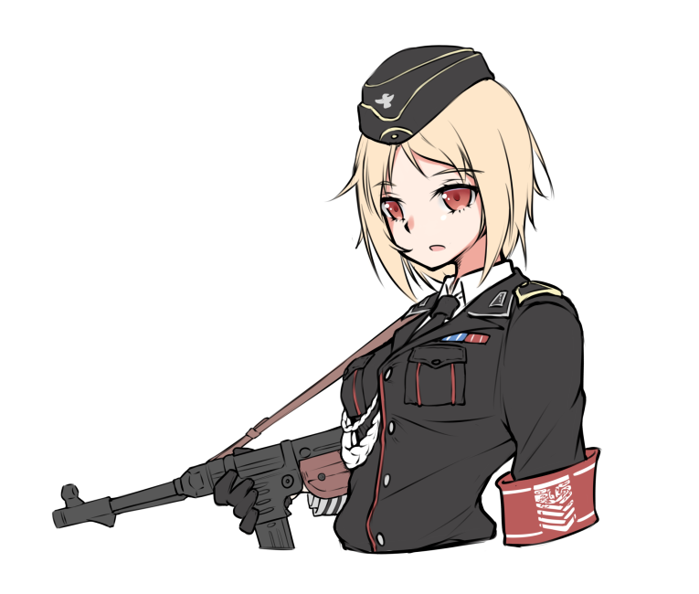 1girl armedshipyard black_headwear black_neckwear blonde_hair breasts eyebrows_visible_through_hair girls_frontline gun hat holding holding_weapon looking_at_viewer medium_hair military military_hat military_uniform mp40 mp40_(girls_frontline) necktie open_mouth red_eyes shirt solo submachine_gun uniform weapon white_background white_shirt