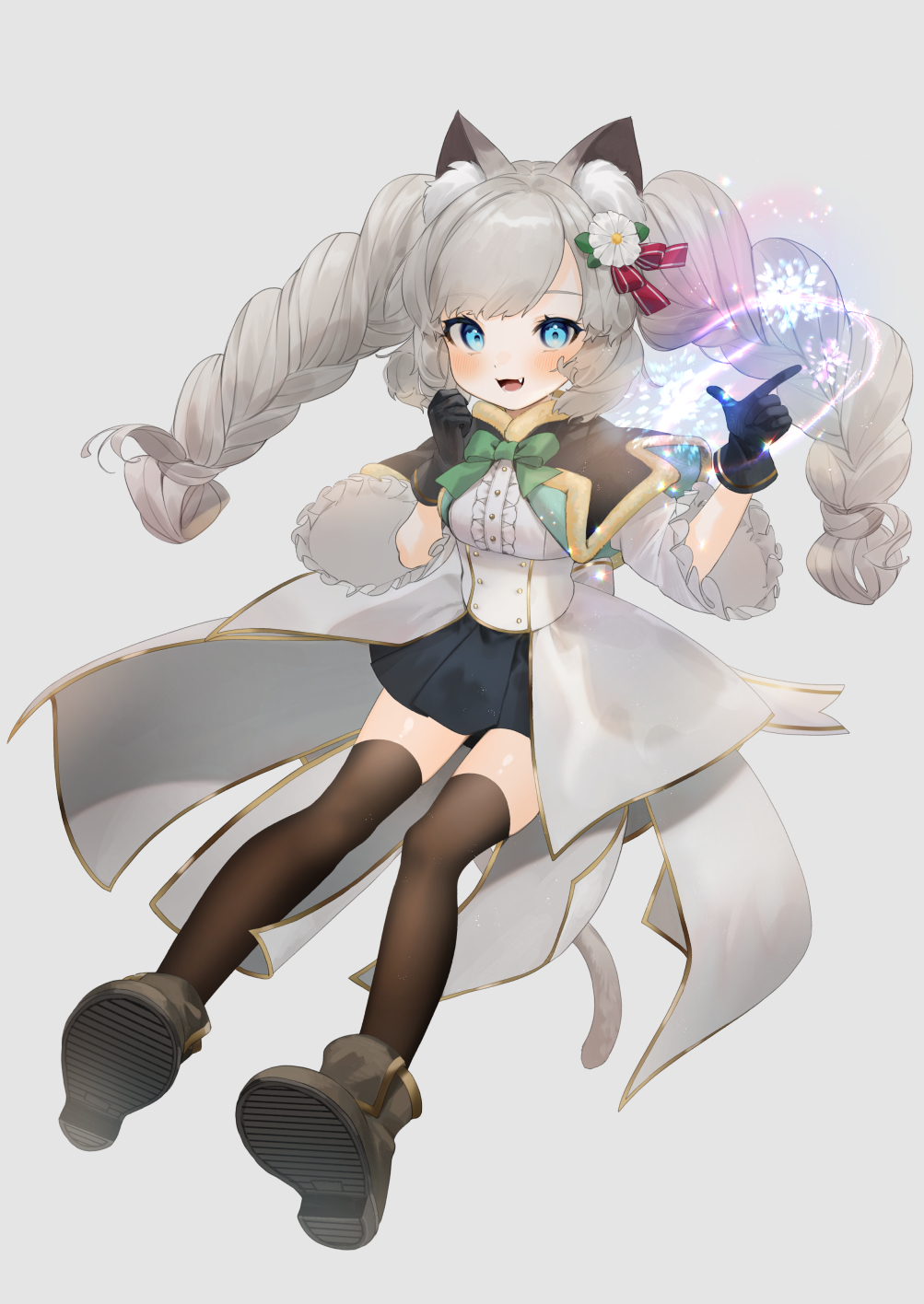 1girl :d animal_ear_fluff animal_ears bangs black_capelet black_gloves black_skirt blush boots braid breasts brown_footwear brown_legwear capelet cat_ears cat_girl cat_tail center_frills eyebrows_visible_through_hair fang flower frills full_body gloves gotoh510 grey_background grey_hair hair_flower hair_ornament highres long_hair long_sleeves looking_at_viewer medium_breasts open_mouth original pleated_skirt shirt simple_background skirt smile solo tail thighhighs thighhighs_under_boots twin_braids twintails very_long_hair white_flower white_shirt wide_sleeves