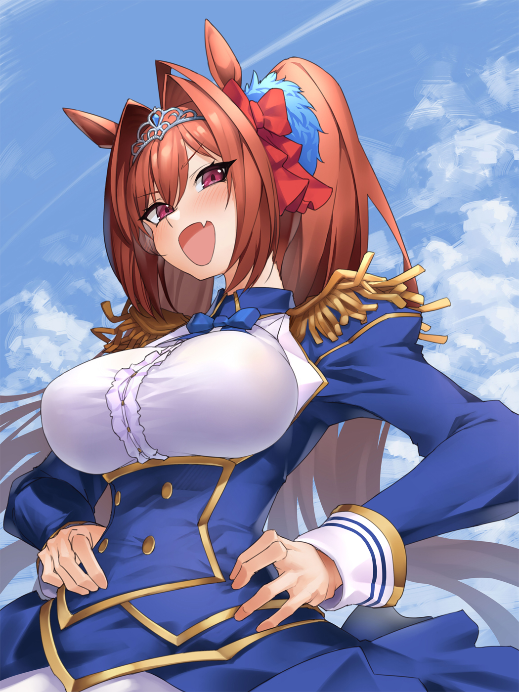 1girl animal_ears bangs blue_dress blue_sky blush breasts brown_hair daiwa_scarlet dress epaulettes fang gingami_(giluziru) hair_intakes hands_on_hips highres horse_ears horse_girl horse_tail large_breasts long_hair long_sleeves looking_at_viewer open_mouth red_eyes sky smile tail tiara twintails umamusume