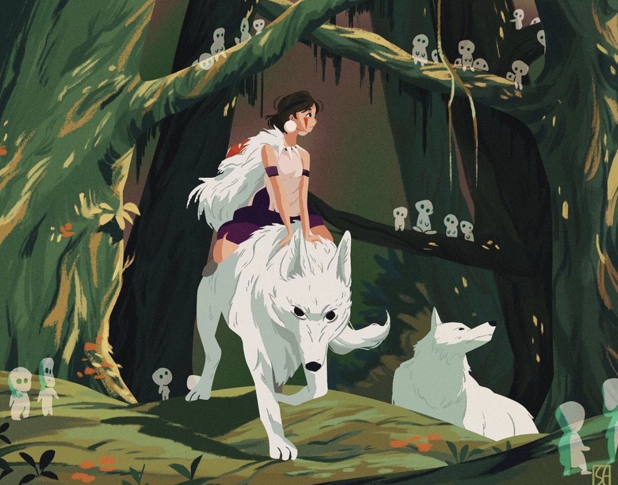 1girl animal arm_strap bare_arms blood blood_on_face buildahamster circlet earrings forest jewelry kodama mononoke_hime moro_(mononoke_hime) nature plant riding san short_hair sitting tooth_necklace wolf