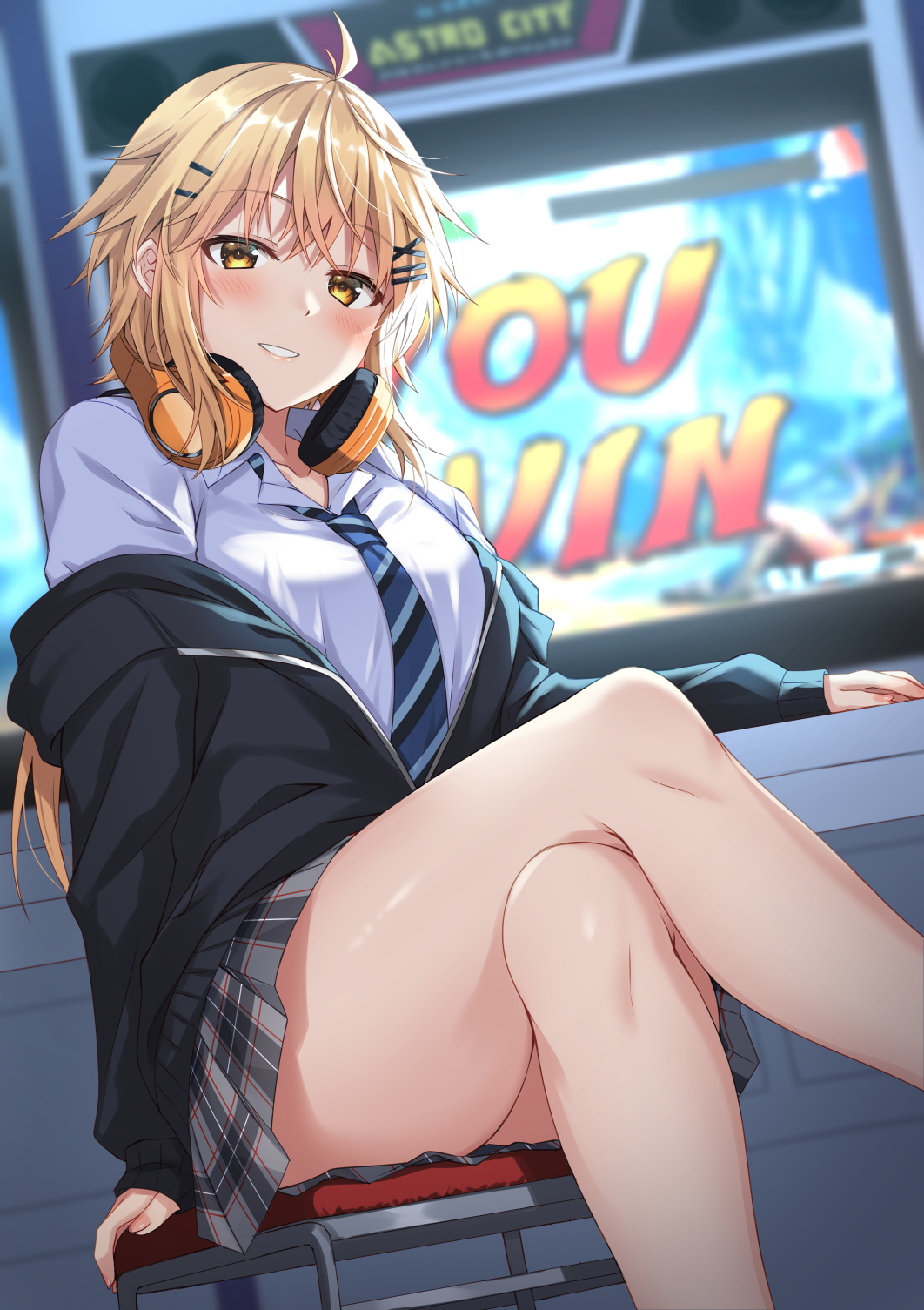 1girl ahoge arcade_cabinet arm_support bangs black_jacket blonde_hair blue_neckwear blurry blurry_background blush breasts brown_eyes collarbone collared_shirt commentary_request crossed_legs depth_of_field diagonal-striped_neckwear diagonal_stripes eyebrows_visible_through_hair feet_out_of_frame grey_skirt hair_between_eyes hair_ornament hairclip headphones headphones_around_neck highres jacket komori_kuzuyu long_sleeves looking_at_viewer medium_breasts nao_(kuzuyu) necktie off_shoulder open_clothes open_jacket original parted_lips plaid plaid_skirt pleated_skirt puffy_long_sleeves puffy_sleeves shirt sitting skirt sleeves_past_wrists smile solo stool striped striped_neckwear white_shirt x_hair_ornament