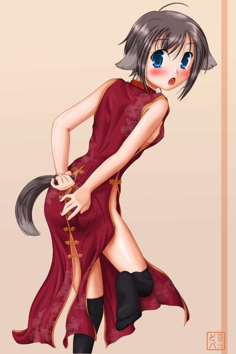 animal_ears black_legwear blue_eyes blush brown_hair china_dress chinese_clothes collar dog_ears dog_tail dress highres holding_own_tail kneehighs looking_back original shiukichi socks solo surprised tail tail_through_clothes