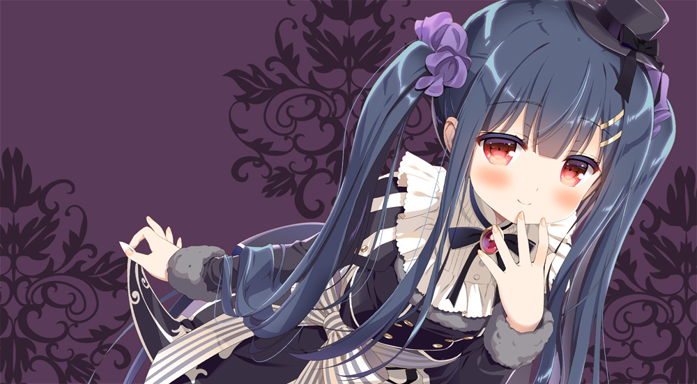 1girl bangs black_bow black_dress black_hair black_headwear blush bow brooch closed_mouth commentary_request dress eyebrows_visible_through_hair flower_knight_girl fur-trimmed_sleeves fur_trim hat hat_bow jewelry juliet_sleeves long_hair long_sleeves mini_hat mini_top_hat puffy_sleeves purple_background red_eyes santa_matsuri smile solo striped striped_bow top_hat torikabuto_(flower_knight_girl) twintails very_long_hair