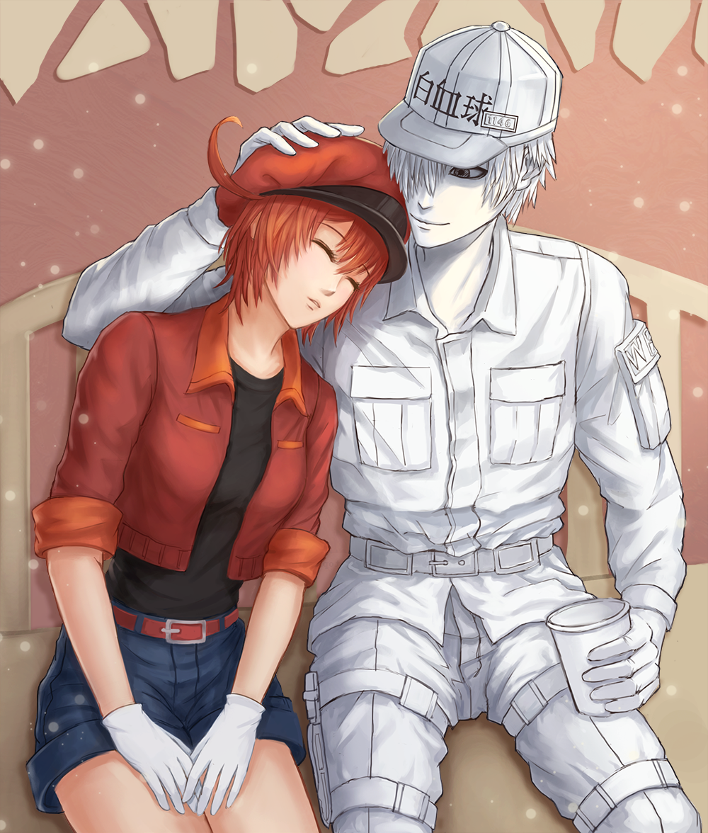 1boy 1girl ae-3803 ahoge bangs baseball_cap belt bench black_shirt breasts cabbie_hat closed_eyes commentary couple cup denim denim_shorts disposable_cup gloves grey_eyes hair_between_eyes hair_over_one_eye hand_on_another's_head hands_on_lap hat hataraku_saibou head_on_another's_shoulder holding holding_cup jacket katsuki000 long_sleeves medium_breasts on_bench open_clothes open_jacket pale_skin pants parted_lips red_belt red_blood_cell_(hataraku_saibou) red_hair red_headwear red_jacket shirt short_hair short_sleeves shorts sitting sleeping sleeping_on_person sleeping_upright stone_wall translated u-1146 uniform wall white_blood_cell_(hataraku_saibou) white_gloves white_hair white_headwear white_legwear white_shirt