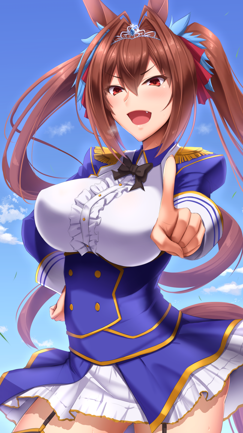 1girl animal_ears blue_sky breasts cloud commentary_request daiwa_scarlet day epaulettes eyebrows_visible_through_hair fang hair_between_eyes hair_ribbon hand_on_hip highres horse_ears horse_girl horse_tail large_breasts leg_garter long_hair long_sleeves looking_at_viewer open_mouth red_eyes red_hair red_ribbon ribbon shuugetsu_karasu skirt sky solo tail tiara twintails umamusume white_skirt