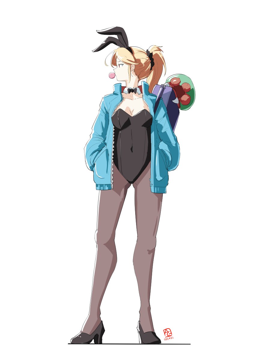 alternate_costume animal_ears automatic_giraffe bag blonde_hair bubble_blowing bunny_ears chewing_gum dated full_body hands_in_pockets high_heels jacket long_hair looking_to_the_side metroid metroid_(creature) over_shoulder pantyhose playboy_bunny ponytail samus_aran school_bag signature simple_background tsurime white_background