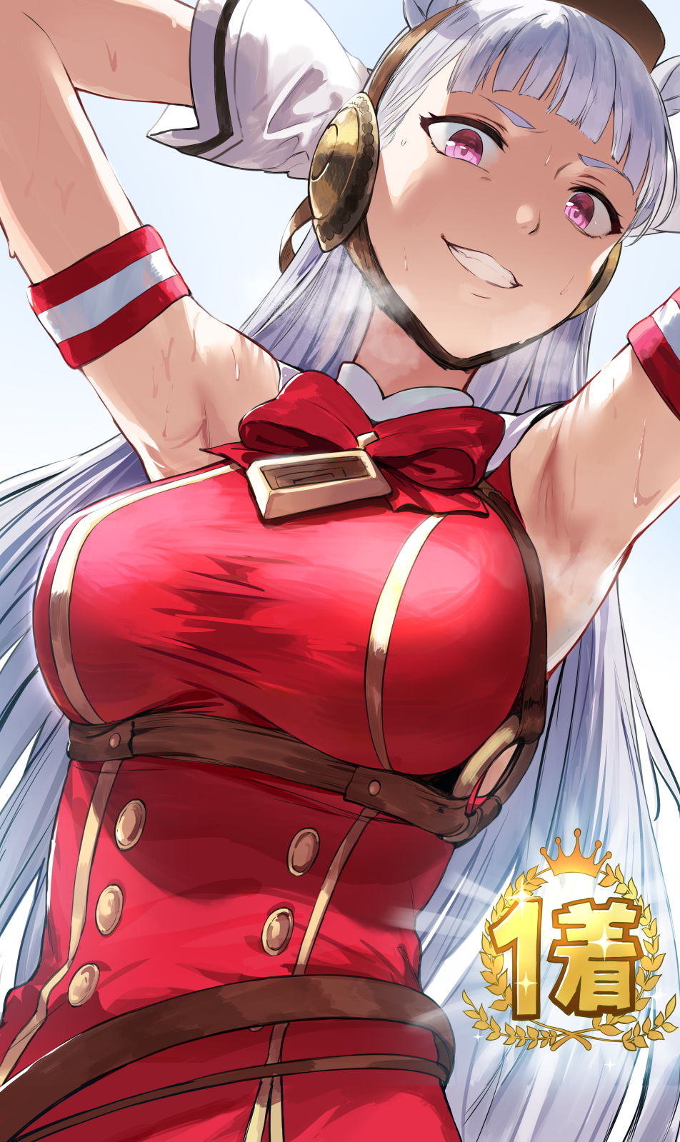 1girl animal_ears arm_strap armpits arms_behind_head arms_up backlighting bangs belt blunt_bangs breasts buttons dress gloves gold_ship grin hat heavy_breathing hews highres horse_ears horse_girl large_breasts long_hair looking_at_viewer purple_eyes red_dress smile sweat umamusume white_gloves white_hair