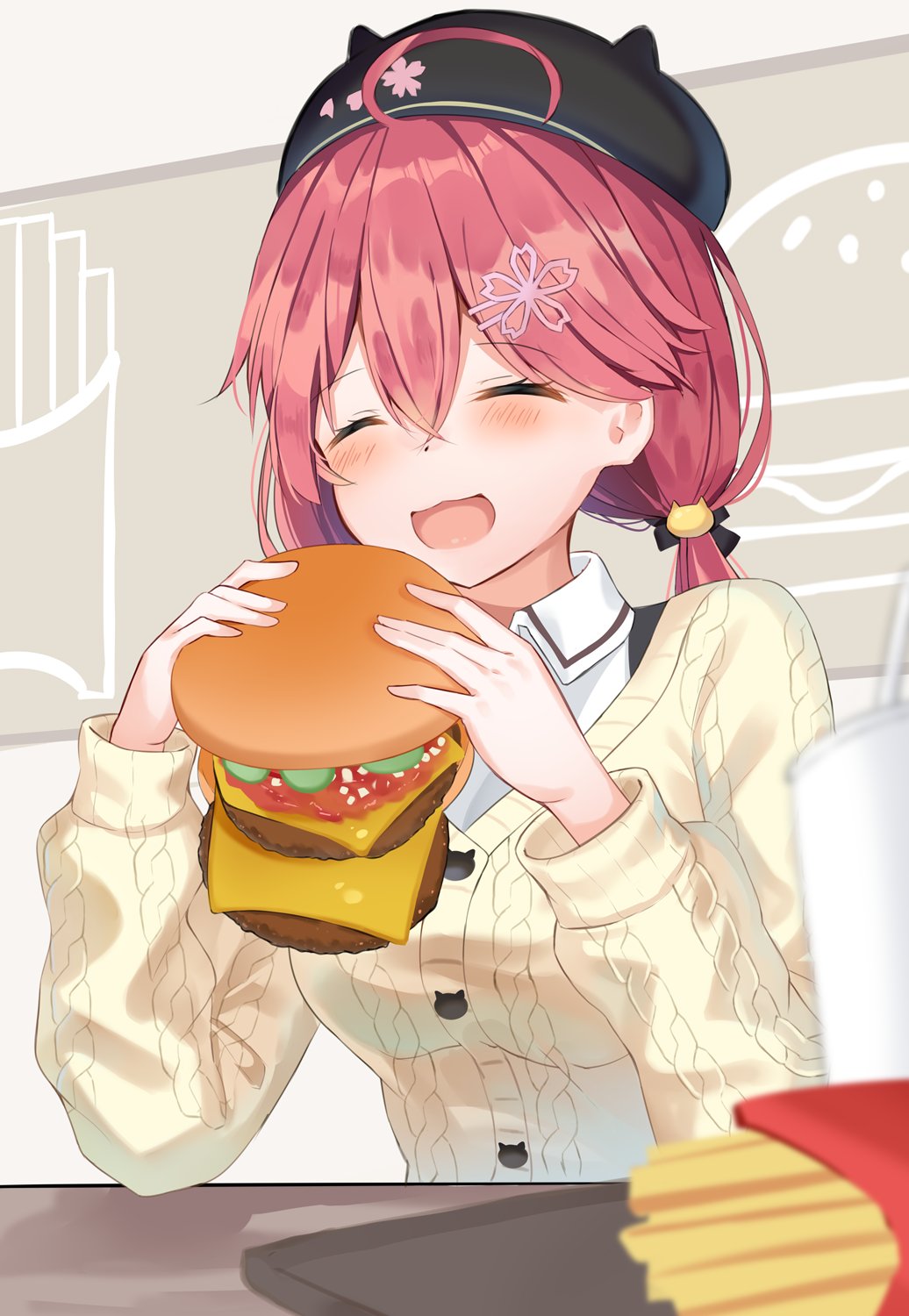 1girl :3 :d ahoge blush casual closed_eyes commentary_request failure food hair_between_eyes hair_ornament hamburger hat highres hololive long_hair long_sleeves low_twintails mizuki_ryuu open_mouth pink_hair ribbed_sweater sakura_miko smile solo sweater twintails upper_body virtual_youtuber