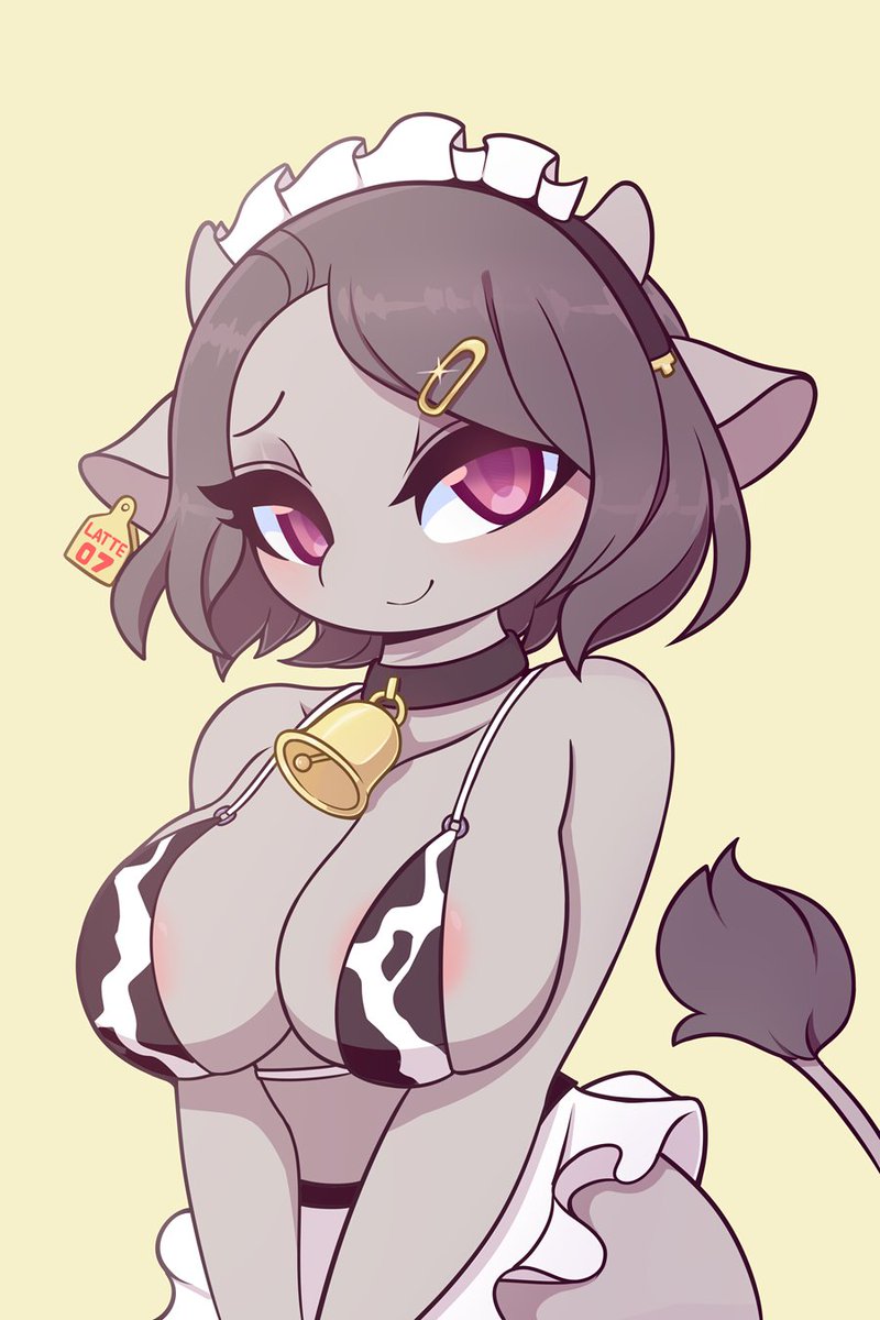 accessory animal_print anthro bell bell_collar big_breasts bovid bovine breasts cleavage clothed clothing collar cow_print cowbell ear_tag female hair_accessory hairclip hi_res latte_(whisperingfornothing) mammal pinkcappachino solo