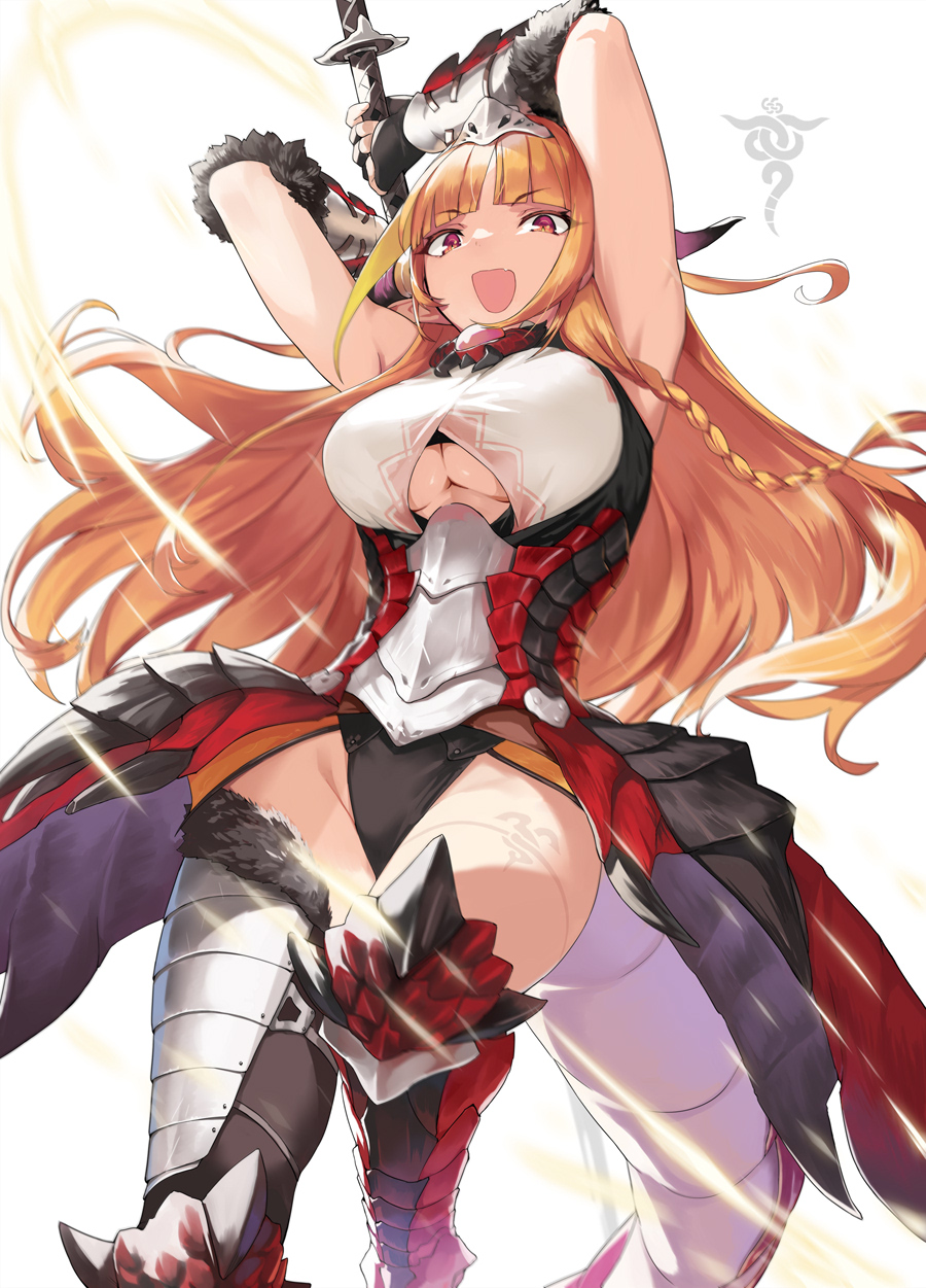 1girl armor armored_dress armpits arms_behind_head arms_up bangs bare_shoulders breasts clothing_cutout dragon_girl dragon_horns dress fur_trim gauntlets greaves headpiece highleg highres hololive horns kiryu_coco large_breasts long_hair looking_at_viewer monster_hunter_(series) ohland open_mouth orange_hair purple_eyes rathalos_(armor) red_dress smile sword tail thigh_tattoo thighs underboob underboob_cutout virtual_youtuber weapon