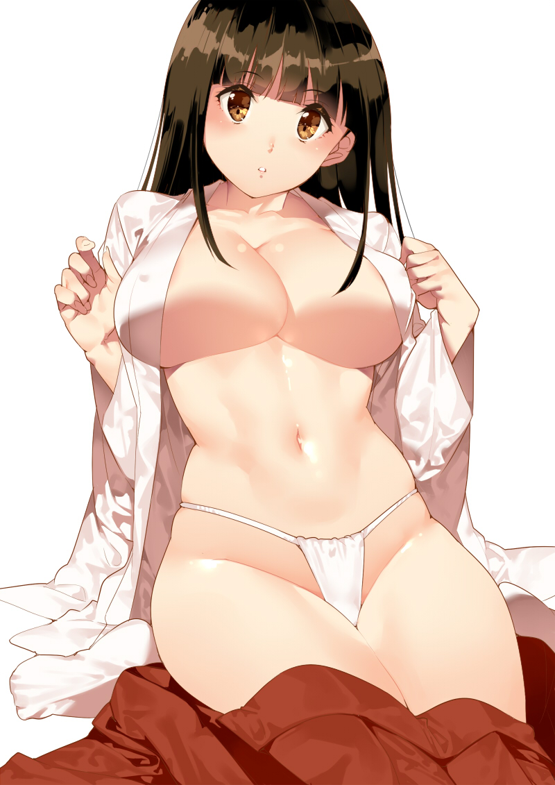 1girl bangs blunt_bangs blush breasts brown_eyes brown_hair collarbone fundoshi hakama japanese_clothes kimono large_breasts long_hair looking_at_viewer miko navel open_clothes open_kimono open_mouth original red_hakama saburou_(hgmg) simple_background sitting thighs white_kimono