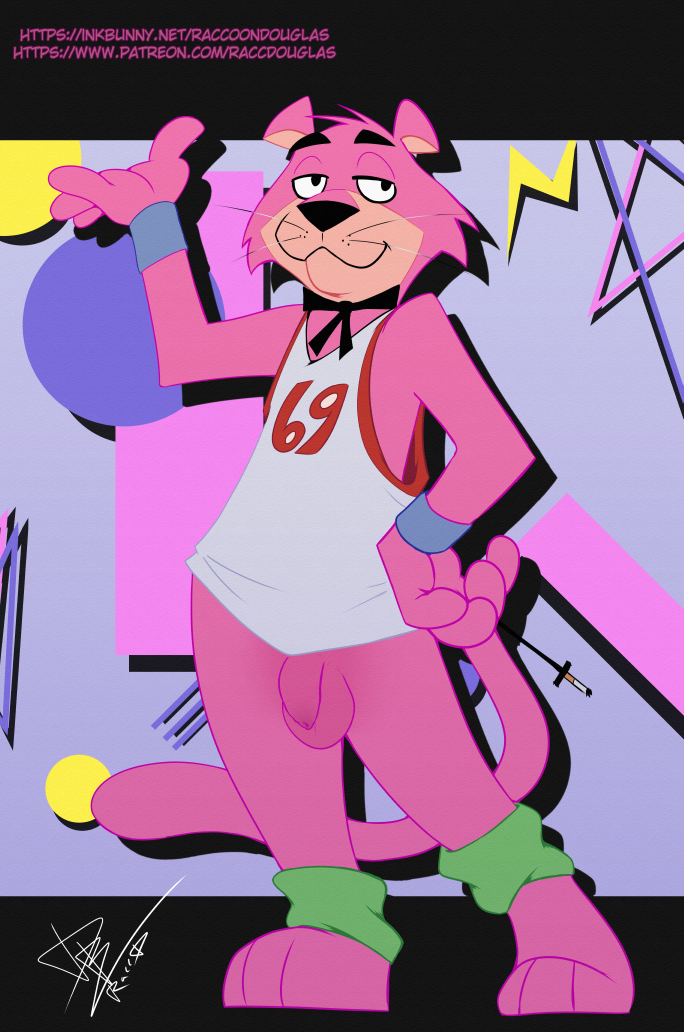 anklet anthro balls bottomless bow_tie clothed clothing cougar cuffs_(clothing) felid feline flaccid foreskin fur genitals half-closed_eyes hand_on_hip hanna-barbera jewelry male mammal narrowed_eyes penis pink_body pink_fur pose raccoon_douglas_(artist) raised_hand shirt smile snagglepuss solo standing tank_top topwear whiskers