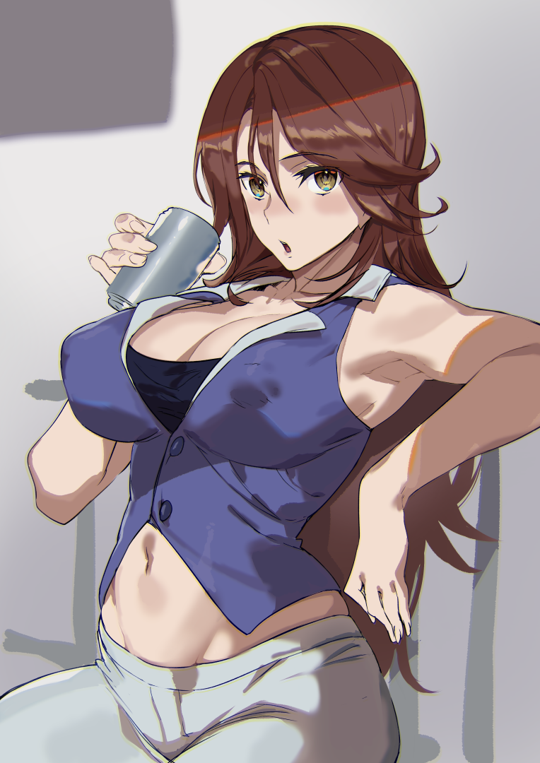 1girl :o armpits ashiomi_masato bangs bare_shoulders blush breasts brown_eyes brown_hair cleavage collarbone covered_nipples cup groin gundam gundam_00 hair_between_eyes holding holding_cup impossible_clothes large_breasts long_hair looking_at_viewer midriff navel pants pinky_out shiny shiny_hair sitting solo sumeragi_lee_noriega swept_bangs very_long_hair vest white_pants