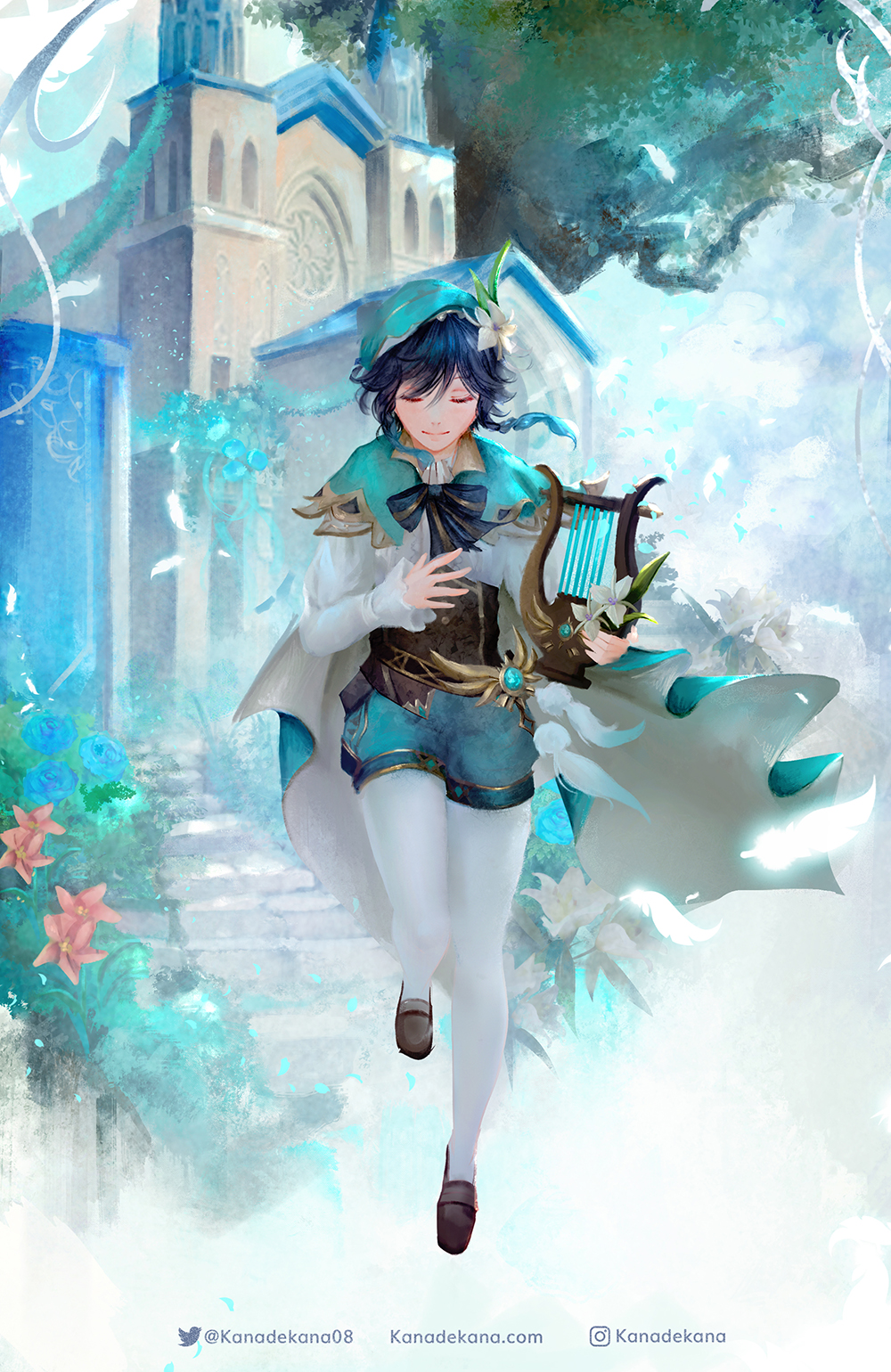 1boy androgynous bangs beret black_hair blue_hair bow braid building cape closed_eyes closed_mouth cloud cloudy_sky collared_cape collared_shirt corset day facing_viewer feathers flower frilled_sleeves frills genshin_impact gradient_hair green_headwear green_shorts hair_flower hair_ornament hat highres holding holding_instrument instrument kanade_kana leaf long_sleeves lyre male_focus multicolored_hair outdoors pantyhose red_flower shirt shoes short_hair_with_long_locks shorts sky smile solo stairs tree twin_braids venti_(genshin_impact) vision_(genshin_impact) white_flower white_legwear white_shirt