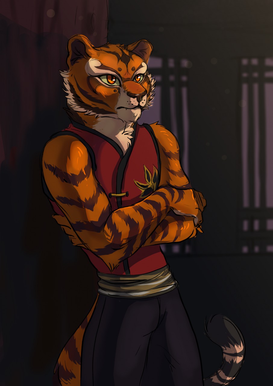 anthro biped clothed clothing crossed_arms crossgender danawolfin dreamworks felid hi_res inside kung_fu_panda male mammal master_tigress pantherine solo stripes tiger