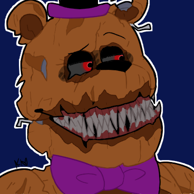 2018 alternate_version_at_source animatronic anthro big_mouth_(anatomy) big_nose big_teeth black_nose blue_background bow_tie brown_body brown_ears close-up clothing five_nights_at_freddy's five_nights_at_freddy's_4 grey_sclera gums half-closed_eyes hat headgear headwear icon looking_aside looking_away low_res machine male mammal monster multicolored_body multicolored_ears narrowed_eyes nightmare_fredbear_(fnaf) notched_ear portrait red_eyes robot round_ears sharp_teeth short_ears simple_background smile smug snazzamazing solo teeth top_hat torn_arm torn_body torn_face ursid video_games wire yellow_body yellow_ears