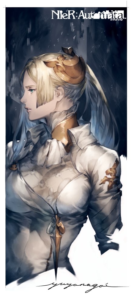 1girl blonde_hair blue_eyes breasts copyright_name cropped_torso dress high_collar long_hair long_sleeves looking_to_the_side medium_breasts nier_(series) nier_automata parted_lips ponytail side_ponytail signature solo upper_body v8 white_dress yorha_infantry_squad_commander
