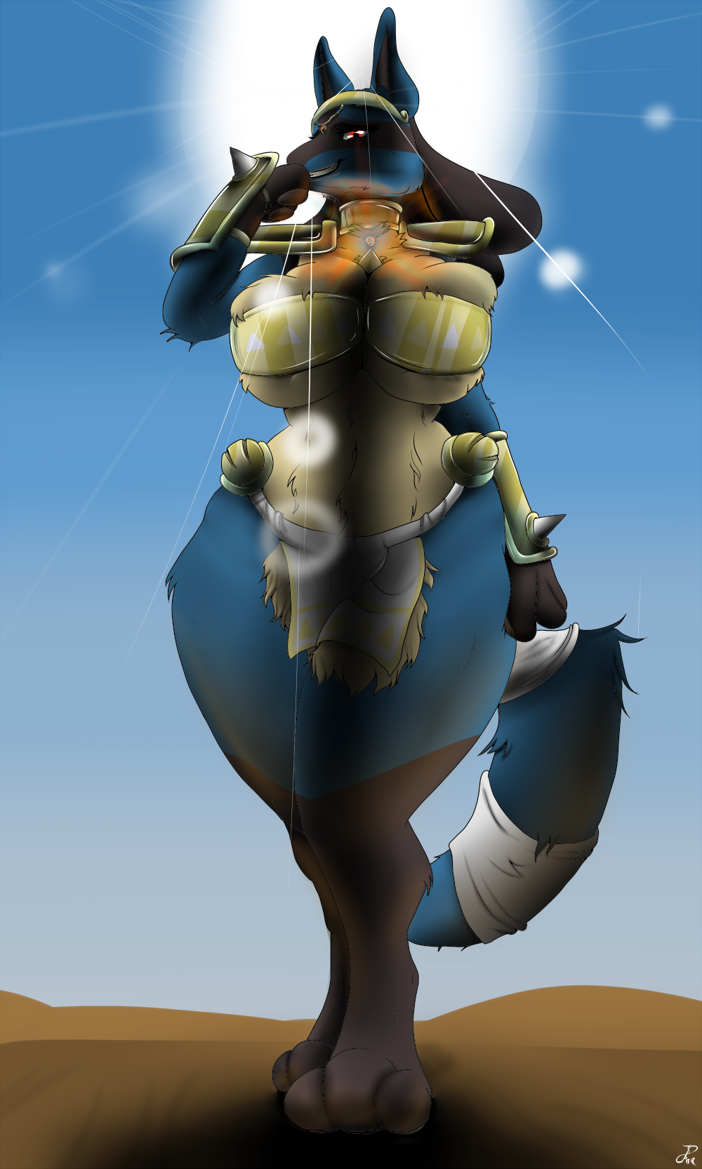 anthro armor big_breasts breast_squish breasts clothing desert discordriderr34 egyptian female fuzzy gold_(metal) gold_jewelry hi_res jewelry low-angle_view lucario nintendo orient paws pok&eacute;mon pok&eacute;mon_(species) red_eyes shoulder_pads smile solo squish steveskunk sun thick_thighs thorns video_games