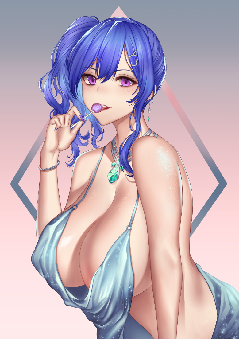 1girl azur_lane bangs blue_hair bracelet breasts candy cleavage cowboy_shot diamond_(symbol) dress food gradient gradient_background grey_background hair_between_eyes hair_ornament hairclip jewelry large_breasts lollipop loose_clothes melusmelon necklace pink_background pink_eyes purple_nails side_ponytail sidelocks solo st._louis_(azur_lane) st._louis_(luxurious_wheels)_(azur_lane)