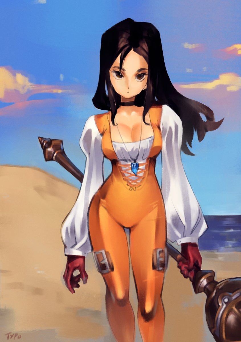 1girl alternate_breast_size black_choker black_hair blue_sky bodysuit breasts brown_eyes choker cleavage cloud contrapposto final_fantasy final_fantasy_ix garnet_til_alexandros_xvii gloves highres jewelry long_hair long_sleeves looking_at_viewer medium_breasts necklace optionaltypo orange_bodysuit red_gloves sky solo staff