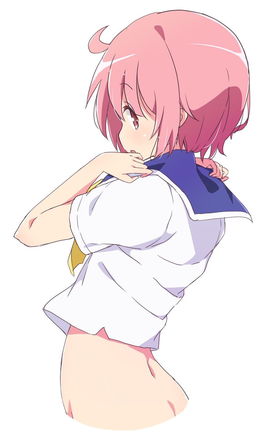 1girl ahoge ass blush bottomless eyebrows_visible_through_hair highres looking_at_viewer looking_back mel_(melty_pot) no_panties nonohara_yuzuko open_mouth pink_eyes pink_hair school_uniform school_uniform_(yuyushiki) shiny shiny_hair shiny_skin short_hair simple_background solo upper_body white_background yuyushiki