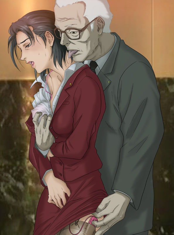 1girl age_difference black_hair bra breasts business_suit chief_cabinet_secretary_takakura covered_nipples crotch_grab formal ghost_in_the_shell ghost_in_the_shell_stand_alone_complex glasses groping hetero jacket kayabuki_youko licking lingerie lipstick long_sleeves makeup medium_breasts meguro_fukuzou old_man open_mouth pencil_skirt short_hair skirt skirt_lift skirt_suit suit sweat thighhighs tongue underwear vibrator vibrator_in_thighhighs white_hair