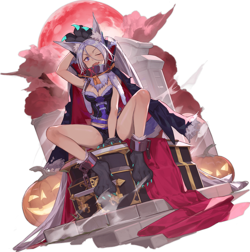 1girl animal_ear_fluff animal_ears animal_hands ark_order black_cape black_footwear black_shorts blue_eyes blue_hair breasts cape chain claws cloud coffin crop_top cuffs fenrir_(ark_order) full_body fur_scarf gloves halloween jack-o'-lantern large_breasts long_hair looking_at_viewer moon official_art paw_gloves paw_shoes purple_belt red_cape red_cucumber red_moon scarf shackles shirt shorts sidelocks sitting sleeveless sleeveless_shirt solo tachi-e tail transparent_background twintails two-tone_cape very_long_hair white_scarf wolf_ears wolf_tail