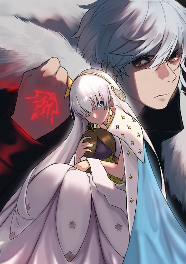 1boy 1girl anastasia_(fate) bags_under_eyes bangs black_background black_cloak blue_cape blue_eyes brown_eyes cape cloak closed_mouth command_spell commentary_request doll dress ear_piercing eyebrows_visible_through_hair fate/grand_order fate_(series) fur-trimmed_cape fur-trimmed_jacket fur_trim grey_hair hair_between_eyes hair_ornament hair_over_one_eye hairband hand_tattoo holding holding_doll jacket jewelry kadoc_zemlupus long_dress long_sleeves looking_at_viewer neck_ring object_hug piercing pixiv_fate/grand_order_contest_2 royal_robe s.w short_hair silver_hair sitting tattoo viy_(fate) white_dress