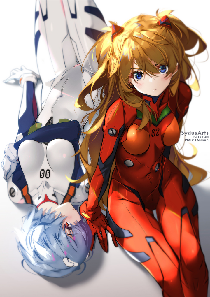 1girl 2girls artist_name ayanami_rei bangs blue_eyes blue_hair blush bodysuit breasts brown_hair closed_mouth covered_navel eyebrows_visible_through_hair gloves hair_between_eyes hair_ornament knees_up long_hair looking_at_viewer lying medium_breasts multiple_girls neon_genesis_evangelion number on_back plugsuit red_bodysuit red_eyes red_gloves short_hair simple_background sitting smile souryuu_asuka_langley sydus thigh_gap two_side_up v-shaped_eyebrows very_long_hair white_background white_bodysuit white_gloves